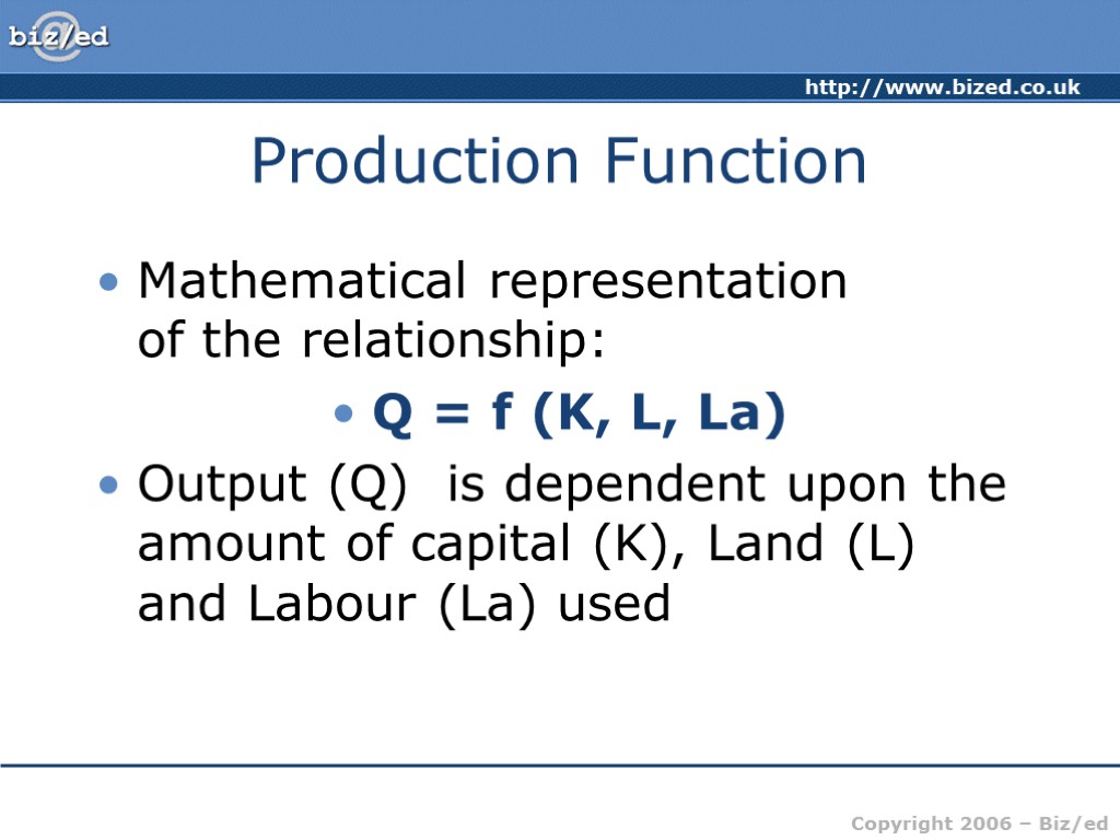 Production Function Mathematical representation of the relationship: Q = f (K, L, La) Output